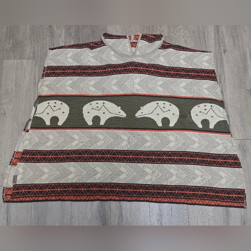 Pendelton Intarsia-Knit Bears Aztec Hooded Poncho Wool Blend Knit OS